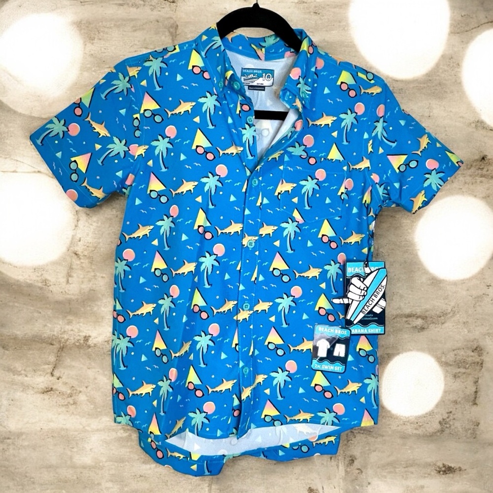 New boys beach outfit sharks and palm trees button up top with shorts